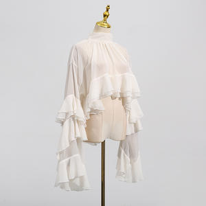 Chemise élégante pour femmes, en maille, à volants, à manches longues, asymétrique, tendance - Product Image 3