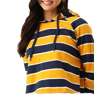 Sweat-shirt court à capuche rayé pour femme, décontracté, à manches longues, en coton tricoté, coupe oversize, pour l'automne - Product Image 1