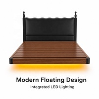 Lit flottant moderne et minimaliste avec tête de lit ondulée rembourrée, bande lumineuse LED chaude, cadre en bois massif, lit king-size en cuir de luxe