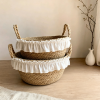 Panier de rangement en paille tressé à la main, style vintage français, avec bordure en dentelle, organiseur de bureau pour cosmétiques et jouets