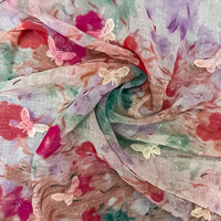 Tela Ligera de Verano con Estampado Floral de Acuarela y Bordado de Mariposas y Estrellas para Vestidos de Mujer