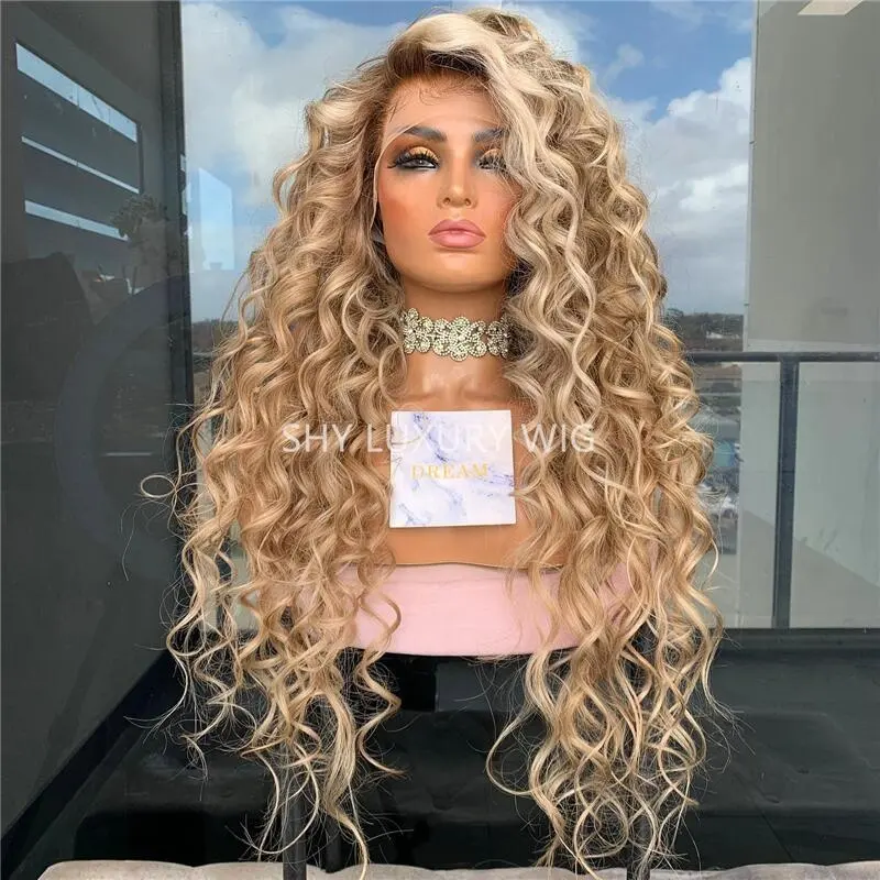 Loose Curly Full Lace pelucas Ash Brown Honey highlights Mixed colorful 360 Lace Frontal Dark roots Wigs for Women Raw Hair wig