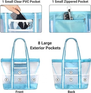 กระเป๋าโท้ทตาข่ายชายหาดขนาดใหญ่มี9ช่องซิปด้านบนกระเป๋าสะพายแบบลำลองมีที่จับสองเส้นสำหรับตกแต่งวันหยุดพักผ่อนชายหาด - Product Image 4