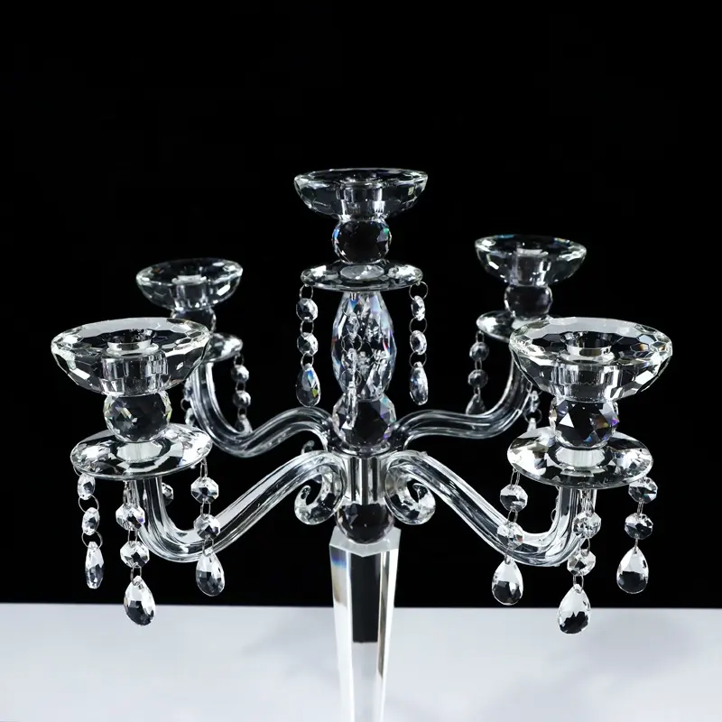 Gran oferta, candelabro de cristal de 5 brazos, candelabros de mesa de boda