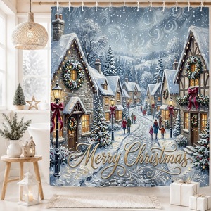 Blue Winter <b>Village</b> <b>Christmas</b> Polyester Shower Curtain Bathroom Curtain Digital Print Waterproof Custom Print Wholesale Modern - Product Image 4