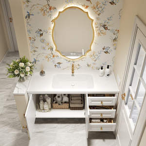 Puerta de gabinete de estilo retro europeo en color blanco perla con espejo redondo inteligente para baño. - Product Image 2