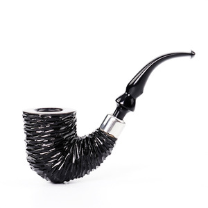 MUXIANG Tobacco Pipe Bent Type Black Engraved Silver Ring Hungarian Big Bend Solid Wood Smoking Pipe - Product Image 5