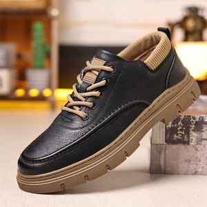 Chaussures habillées en cuir pour hommes, bout rond, à lacets, semelle extérieure en caoutchouc amortie, doublure en peluche, couleur unie, pour automne, mariage, décontractées ou formelles - Product Image 1
