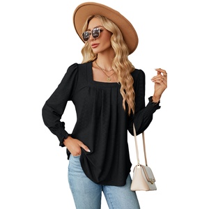 Autunno donna 3D Jacquard t-shirt Design popolare collo quadrato ampia manica lunga con perline camicetta Casual per le signore ragazze - Product Image 5