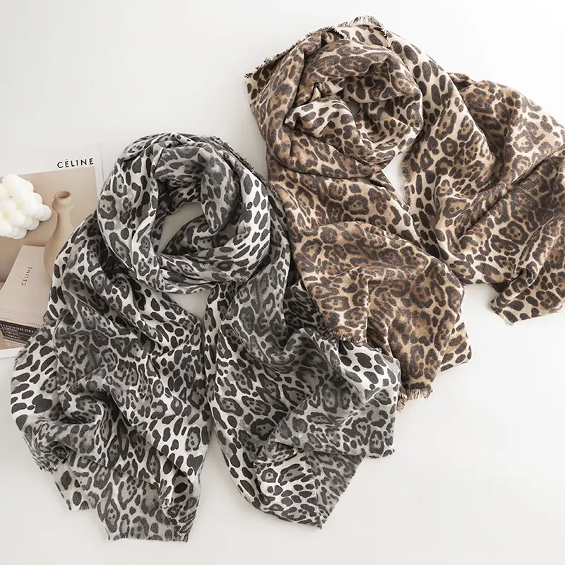 Winter Autumn Double Sided Faux Cashmere Shawl Ladies Leopard Fringe Scarf Holiday Gift