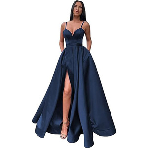 Satin Prom Evening Gown A-Line Sweetheart Neckline Strappy Slit Pockets Long Formal Dress For Party Wedding - Product Image 4