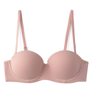 SUHE Women's Seamless Half Cup Bra Glossy Soft Steel Ring <b>Small</b> <b>Chest</b> Push Strapless Non-Slip Underwear Nylon Fabric Rear Double - Product Image 2