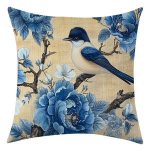 Housse de coussin carrée en lin bleu, 20x20 pouces, motif floral et oiseaux aquarelle, style vintage, décoration de salon - Product Image 3