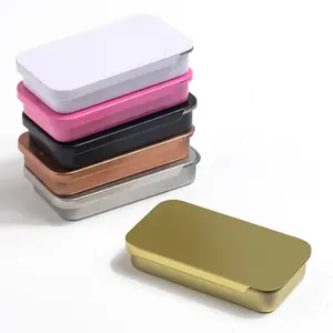 Impresión personalizada rectángulo pequeño mini lata deslizante plana para bálsamo de labios perfume sólido con tapa deslizante contenedor de Colonia sólida