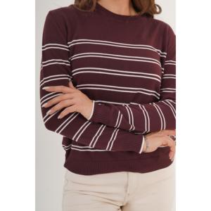 Pull en tricot à col rond rayé marron pour femme, manches longues, décontracté, anti-boulochage, 14 Gg - Product Image 1