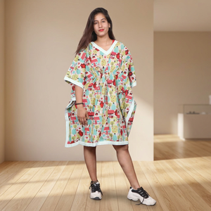 Robe Kaftan en Coton Imprimé Col V pour Femme, Coupe Ample Midi Décontractée d'Été, à Nouer, Manches Courtes, Motif Dessin Animé, Respirante - Product Image 1