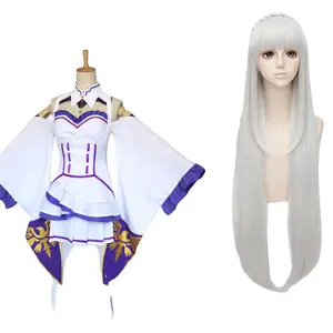 Vestido de Anime Re Zero para mujer, conjunto de Cosplay, peluca, vestido de Cosplay de Emilia, capa Sexy para fiesta y Halloween