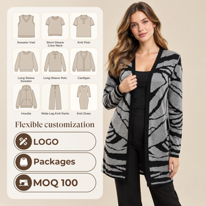 <span class=keywords><strong>Cardigan</strong></span> Lungo da Donna con Motivo <span class=keywords><strong>Zebrato</strong></span>, Lavorazione Jacquard, Apertura Frontale, Nero Grigio Mélange, Maglione Invernale Personalizzato OEM - Product Image 3