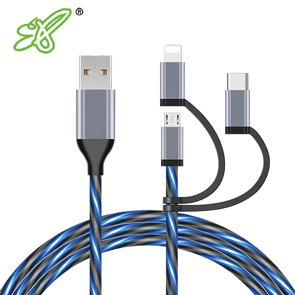 LED Flowing Light Charger 4ft USB Fast Light up Charger Cable 3 in 1 Digital Printing LED Glowing Light up , for Phone El CN;HUB
