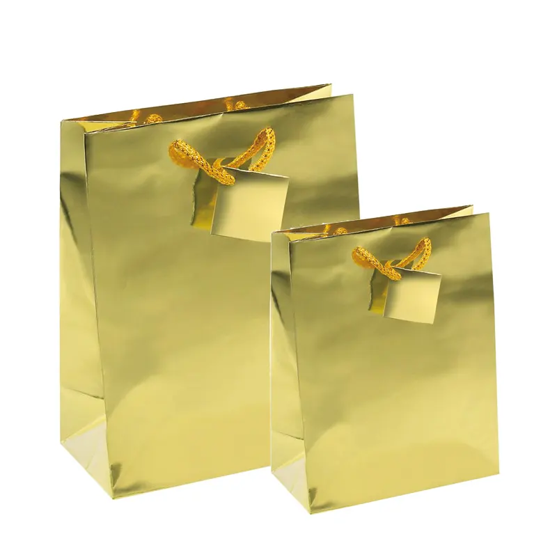 Omet Custom Gold Metallic Zilver Folie Glossy Hologram Gift Verpakking Shopping Totes Papieren Zak Met Uv Afdrukken Pms Kleur