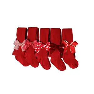 婴儿红色厚护腿学步女孩有机棉紧身衣儿童漂亮蝴蝶结罗纹红色圣诞连裤袜