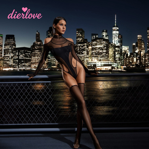 Ensemble de lingerie sexy en maille pour femme : Body halter fin à découpes, manches longues, collant transparent et body sculptant en maille - Product Image 5
