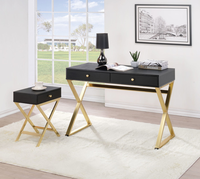 Bureau d'écriture noir et or avec deux tiroirs, bureau d'ordinateur moderne de luxe, structure en acier inoxydable doré, mobilier de bureau à domicile