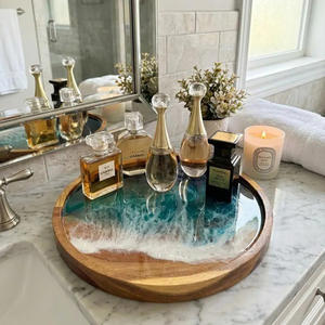 Plateau rectangulaire en bois massif de noyer, finition résine effet <span class=keywords><strong>vague</strong></span> marine, pour thé japonais, tasses à café et table de service à sec - Product Image 1