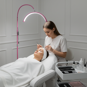 Lampe de sol demi-<span class=keywords><strong>lune</strong></span> LED E27 européenne personnalisable pour salon et bureau, support d'éclairage pour extensions de cils, télécommande, 3600LM, 90 CRI - Product Image 3