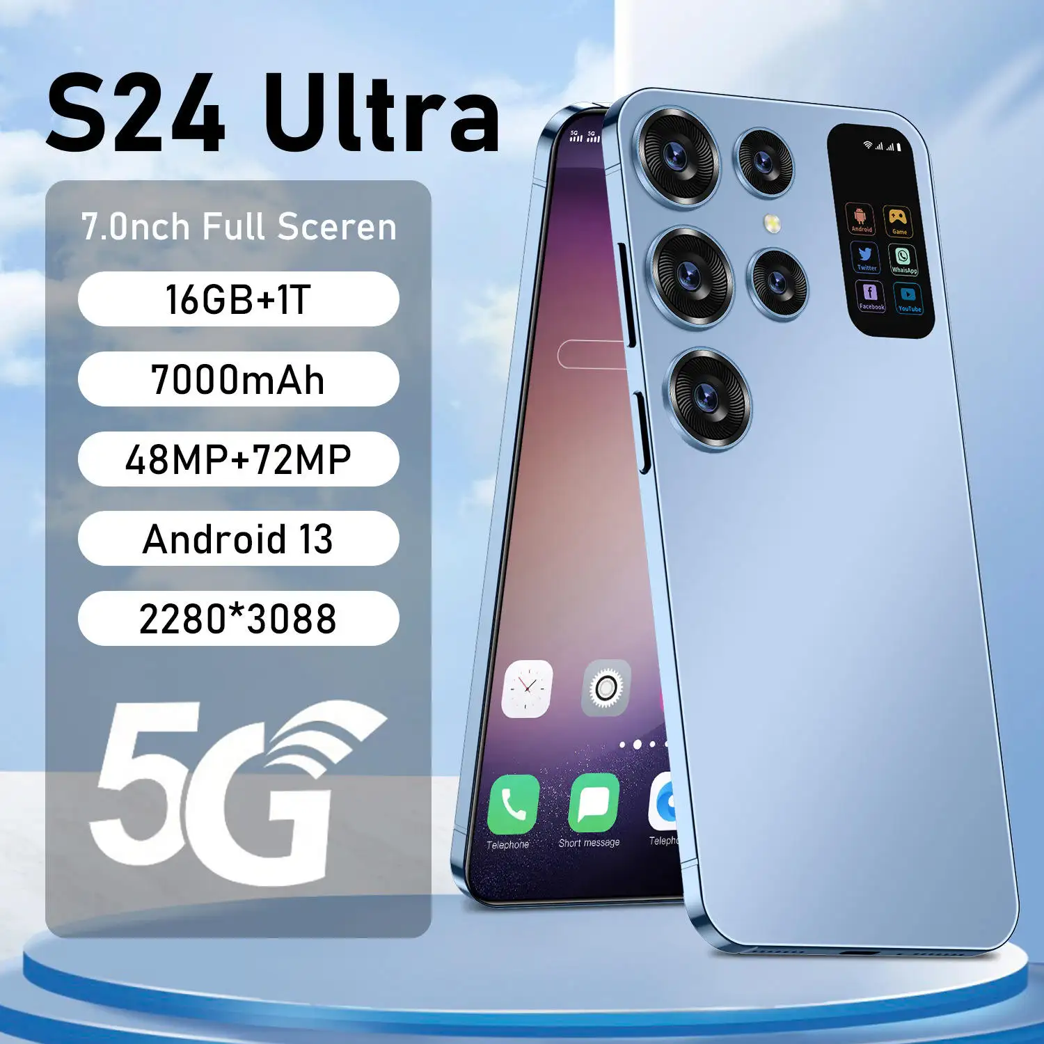 6.8 inch S24 HD Real 16GB RAM + 512GB ROM Smart Phone Dimensity 88 True Waterdrop Display 48MP + 72 MP Cameras 3G Unlocked