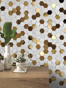 Piastrelle a Mosaico Esagonali 3D in Ceramica, Decorazione Murale in Acciaio Inox Dorato e Chips di Legno, Rivestimento Murale Moderno in <span class=keywords><strong>Marmo</strong></span> con Mosaico in Acciaio - Product Image 3
