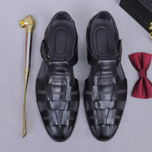 Sandales d'été en cuir véritable pour hommes, sandales en cuir de vache pleine fleur avec boucle, respirantes, à bout rond - Product Image 6