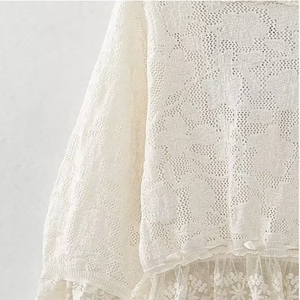 Cárdigan <span class=keywords><strong>de</strong></span> encaje blanco <span class=keywords><strong>para</strong></span> mujer con ribete <span class=keywords><strong>de</strong></span> volantes, blusa <span class=keywords><strong>de</strong></span> punto floral elegante con frente abierto y manga larga - Product Image 3