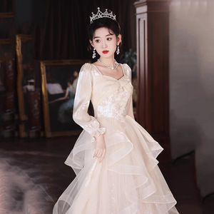 French Style Evening Gown Women Champagne Long Sleeve Square Neck Empire Waist 3D Floral Vintage Princess Dress Coming Of Age - Product Image 1
