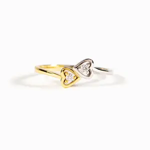 新潮产品双色金戒指简约心形设计女孩饰品指节独特925银堆叠戒指
