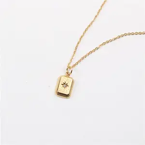 Centi Jewelry Ladies 18K Gold Plated CZ Paved Starburst Pendant Necklace Stainless Steel Diamond Starburst Rectangle Necklace