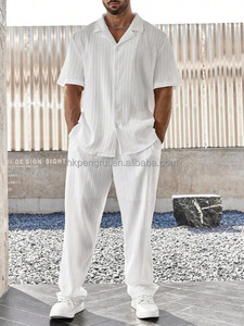 Breathable Vintage <b>Waffle</b> Knitted 100% Polyester Casual Men's Loose <b>Shirt</b> Sleeve Shorts Set Summer Two-piece Set - Product Image 2