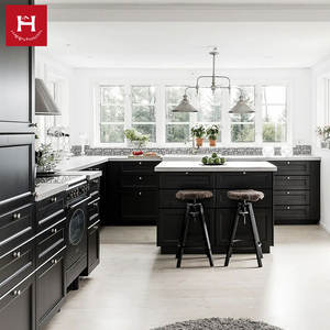 HAPPY HOUSES Ensemble <span class=keywords><strong>d</strong></span>'armoires de cuisine en bois massif de style industriel moderne noir avec comptoirs blancs, îlot de cuisine, armoire de rangement - Product Image 3