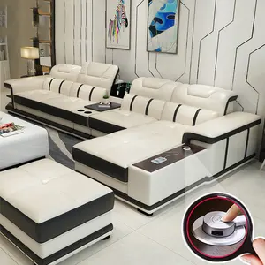 2024 дешевая мебель для гостиной, диваны, набор кожаных диванов L-образных форм с индивидуальным материалом, функциональным столом