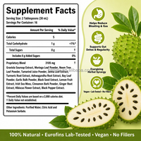 Liquide Oral Amertume de Feuilles de Corossol avec Graines Noires, Moringa, Mousse d'Irlande, Ashwagandha et Curcuma pour la Détoxification Intestinale et la Beauté