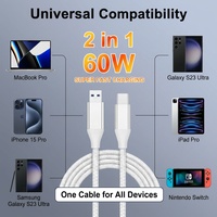 Câble USB-A vers USB-C 2-en-1 60W avec conducteur en cuivre pur, tressé en nylon pour une charge rapide, compatible iOS et ordinateur