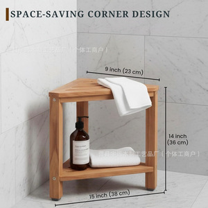 Étagère d'angle de salle de bain en bois massif, tabouret de douche triangulaire à deux niveaux, support de rangement étanche 38x36cm - Product Image 4