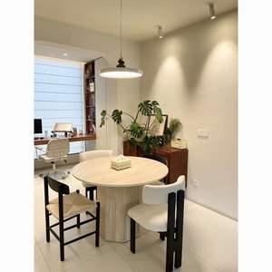 Mesa de comedor redonda estilo Wabi Sabi, losa de mármol travertino, diseño estable para uso en hogares modernos - Product Image 4