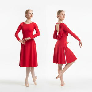 Women's Adult Red Long Sleeve Lyrical <b>Dance</b> <b>Dress</b> Stretchy Jersey Open Back Split Skirt Contemporary Ballet Costume Stage Solo - Product Image 4