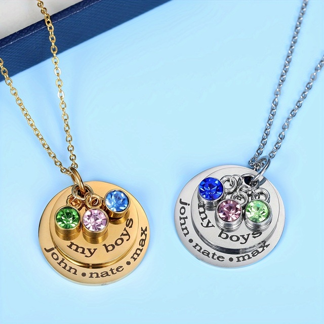 SQ Personalized Round Disk Overlay Engraving Necklace, Stainless Steel Birthday Stone Layered Coin Custom Jewelry Lover Gift