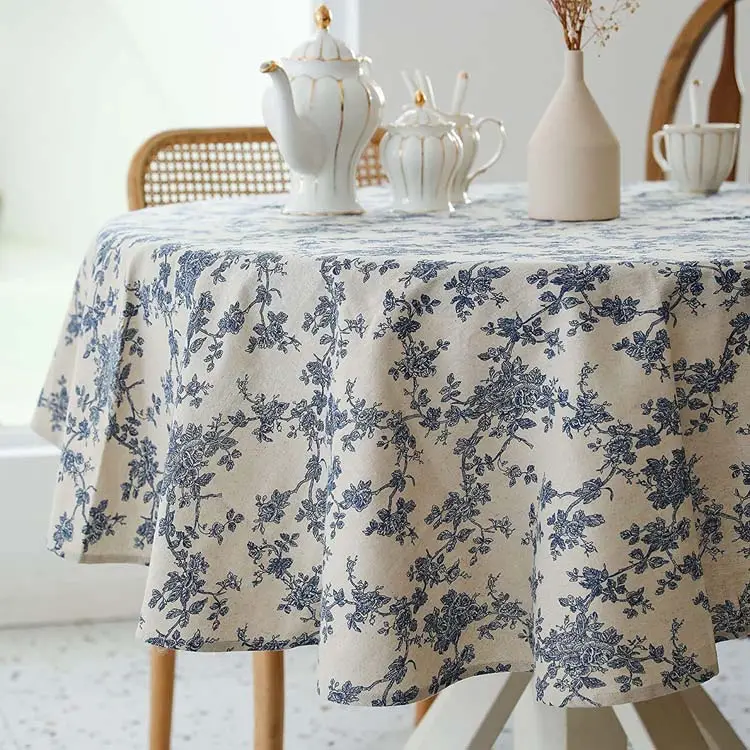 Yeni tasarım yuvarlak pamuk keten Retro mavi çiçek kahve masa örtüsü