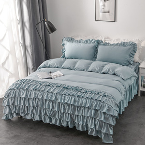 Princess Style Bedding <strong>Set</strong> 4 Pieces with Multi-Layer <strong>Ruffles</strong> <strong>Bed</strong> Skirt - Japan Size King/Queen, Solid Color Hotel Luxury Linen - Product Image 2