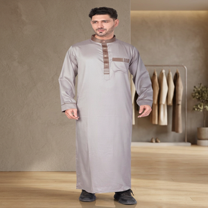 <b>Men's</b> Beige <b>Thobe</b> Neck Long Sleeve Lightweight Polyester Floor Length Modest Prayer Wear Eid Ramadan Adult Middle East - Product Image 2