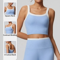 Débardeurs pour femmes en gros, doux pour la peau, avec bordure contrastante, col carré, soutien-gorge de sport, coussinets amovibles, haut court de sport color block