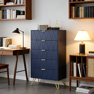 Meuble de chambre à coucher, <span class=keywords><strong>commode</strong></span> à 5 tiroirs, style scandinave moderne, <span class=keywords><strong>commode</strong></span> de rangement avec poignées et pieds dorés, étroite - Product Image 3